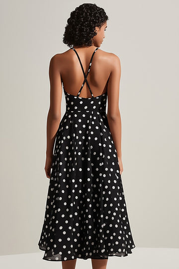 Svart Vit Spaghetti Remmar A-linje Polka Dots Klänning